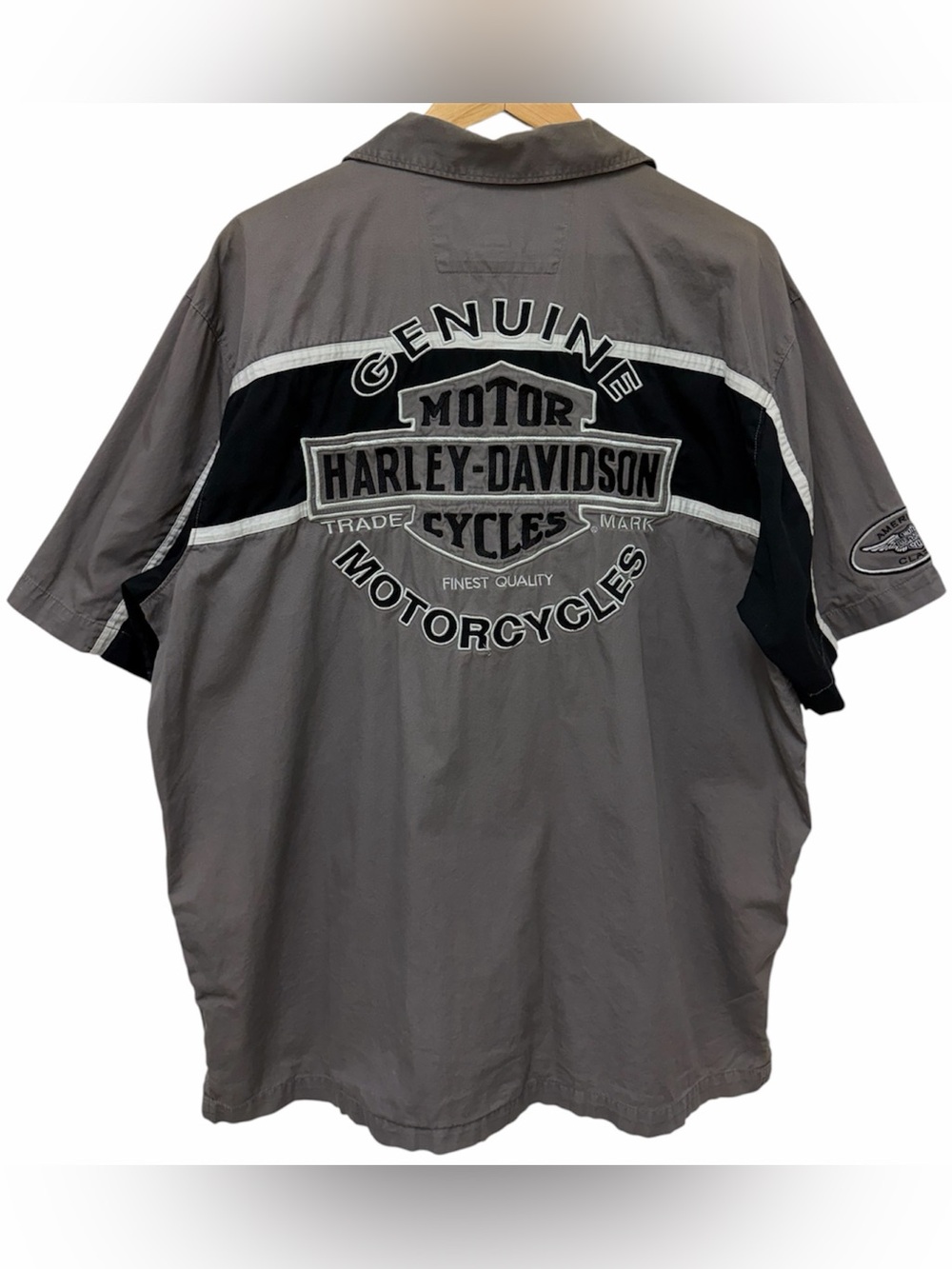 Vintage Harley Davidson Grey & Black Embroidered Logo Striped Button Up